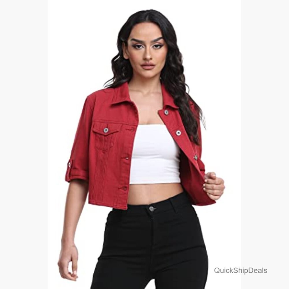 Cropped Denim Jacket Button Down Short Sleeve Cot… - image 4